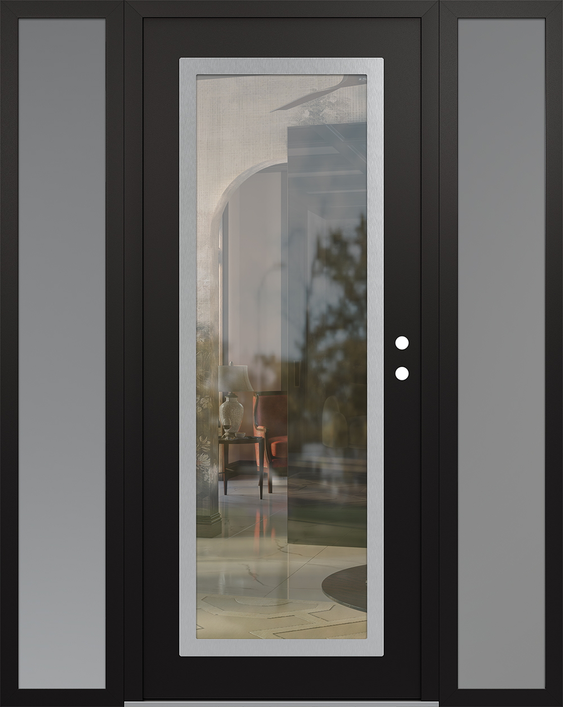 Modern Steel Front Door Diamond C1 64" x 80" black/black clear Glass Panel stainless steel LHI with 2 Sidelites frosted Glass