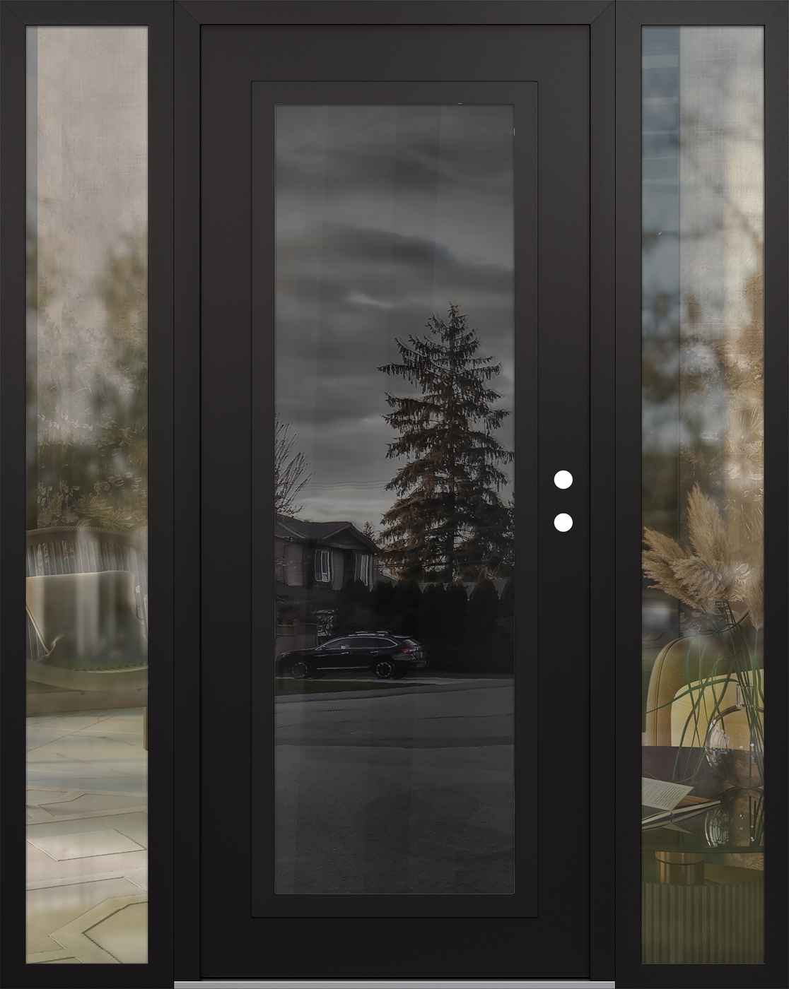 Modern Steel Front Door Diamond C1 64" x 80" black/black mirrored Glass Panel black LHI with 2 Sidelites clear Glass