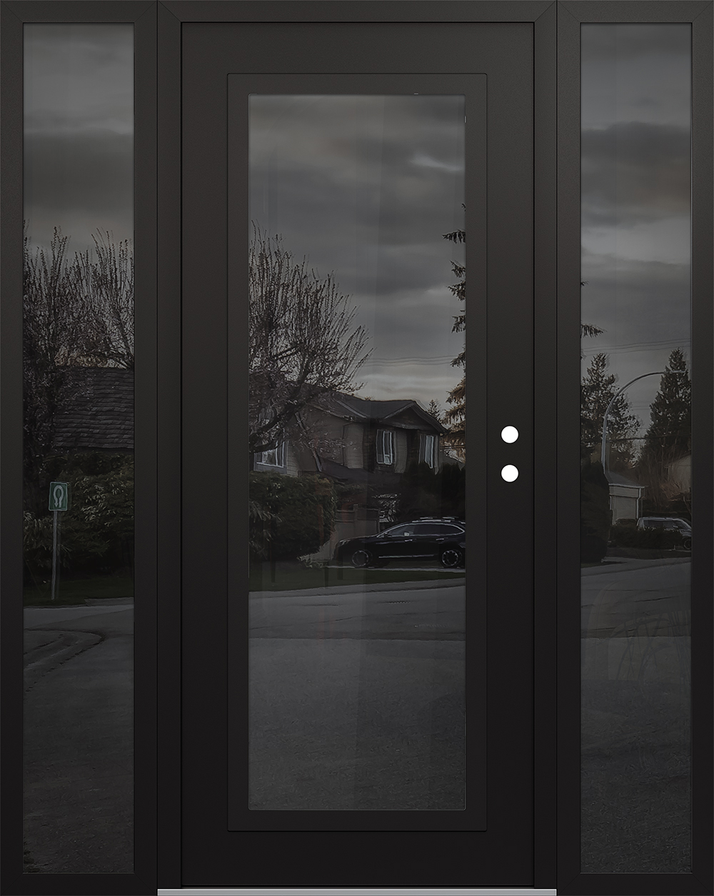 Modern Steel Front Door Diamond C1 64" x 80" black/black mirrored Glass Panel black LHI with 2 Sidelites mirrored Glass
