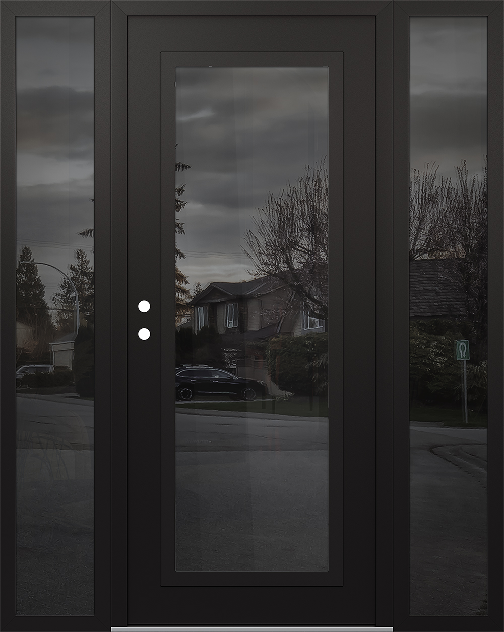 Modern Steel Front Door Diamond C1 64" x 80" black/black mirrored Glass Panel black RHI with 2 Sidelites mirrored Glass