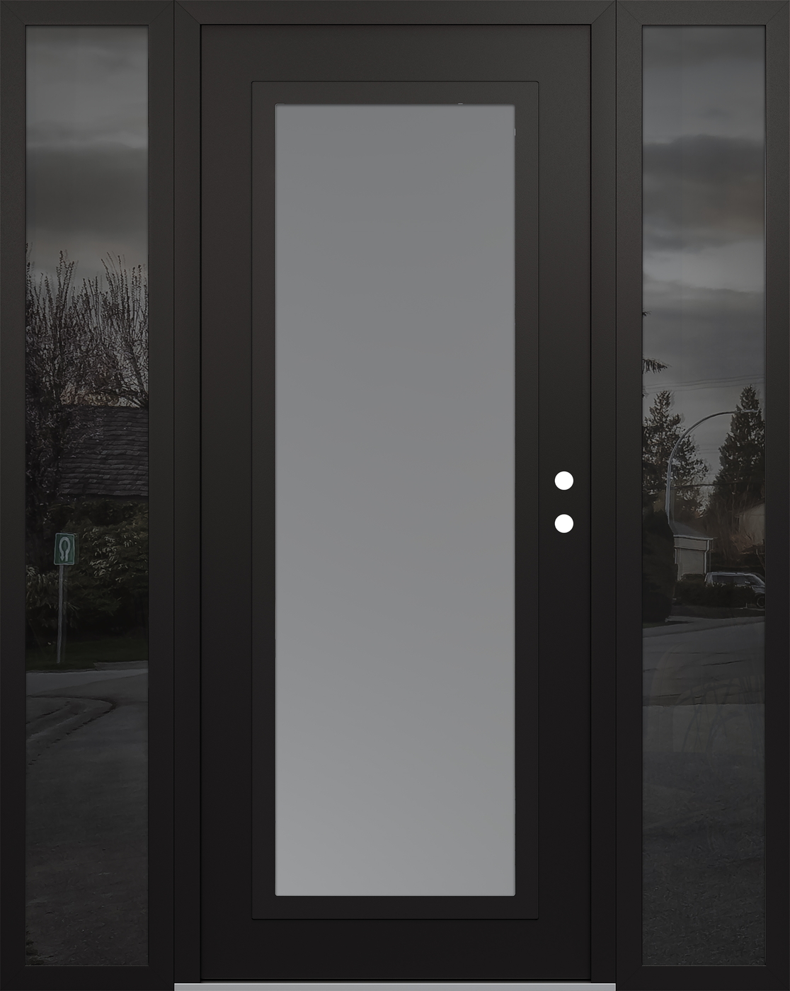 Modern Steel Front Door Diamond C1 64" x 80" black/white frosted Glass Panel black LHI with 2 Sidelites mirrored Glass