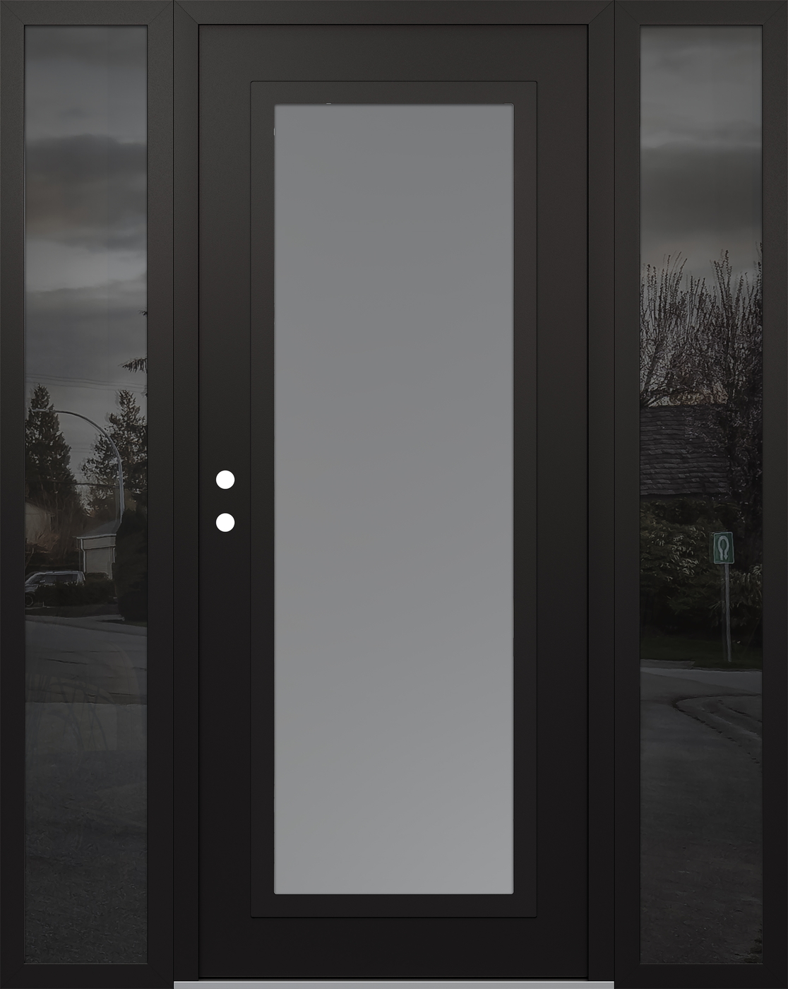 Modern Steel Front Door Diamond C1 64" x 80" black/white frosted Glass Panel black RHI with 2 Sidelites mirrored Glass
