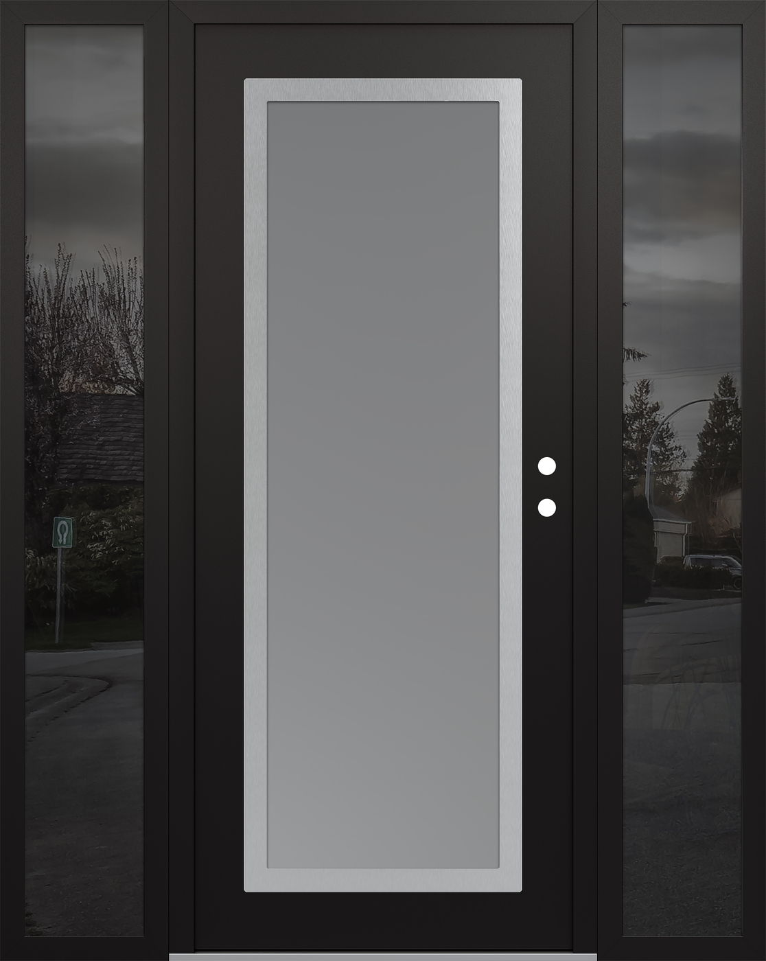 Modern Steel Front Door Diamond C1 64" x 80" black/white frosted Glass Panel stainless steel LHI with 2 Sidelites mirrored Glass
