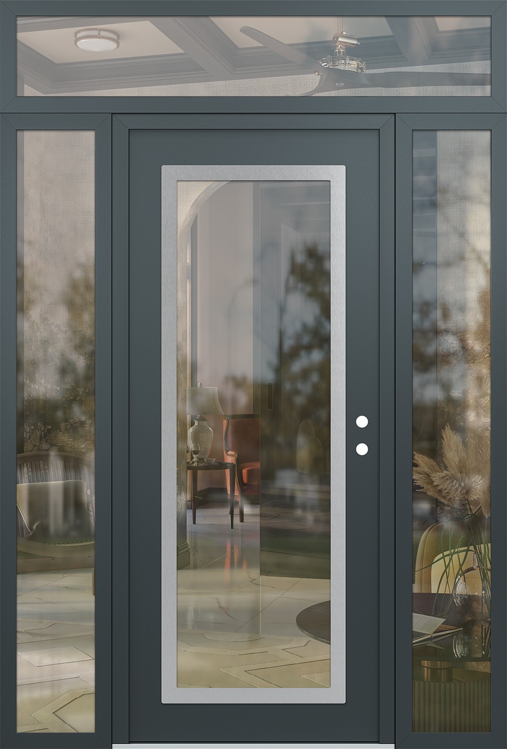 Modern Steel Front Door Diamond C1 64" x 96" anthracite/anthracite clear Glass Panel stainless steel LHI with 2 Sidelites and Transom clear Glass