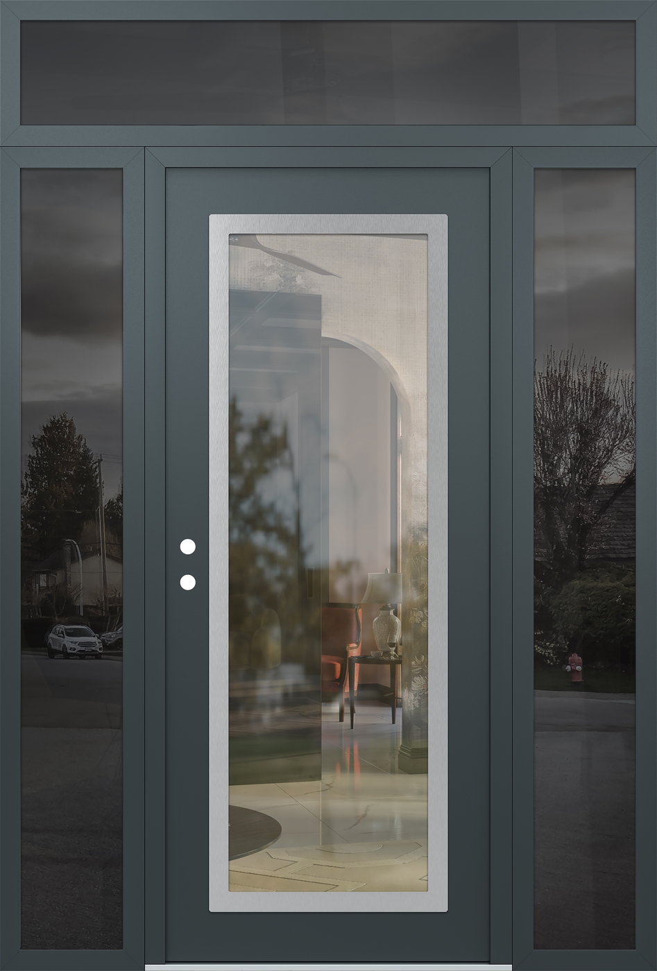 Modern Steel Front Door Diamond C1 64" x 96" anthracite/anthracite clear Glass Panel stainless steel RHI with 2 Sidelites and Transom mirrored Glass