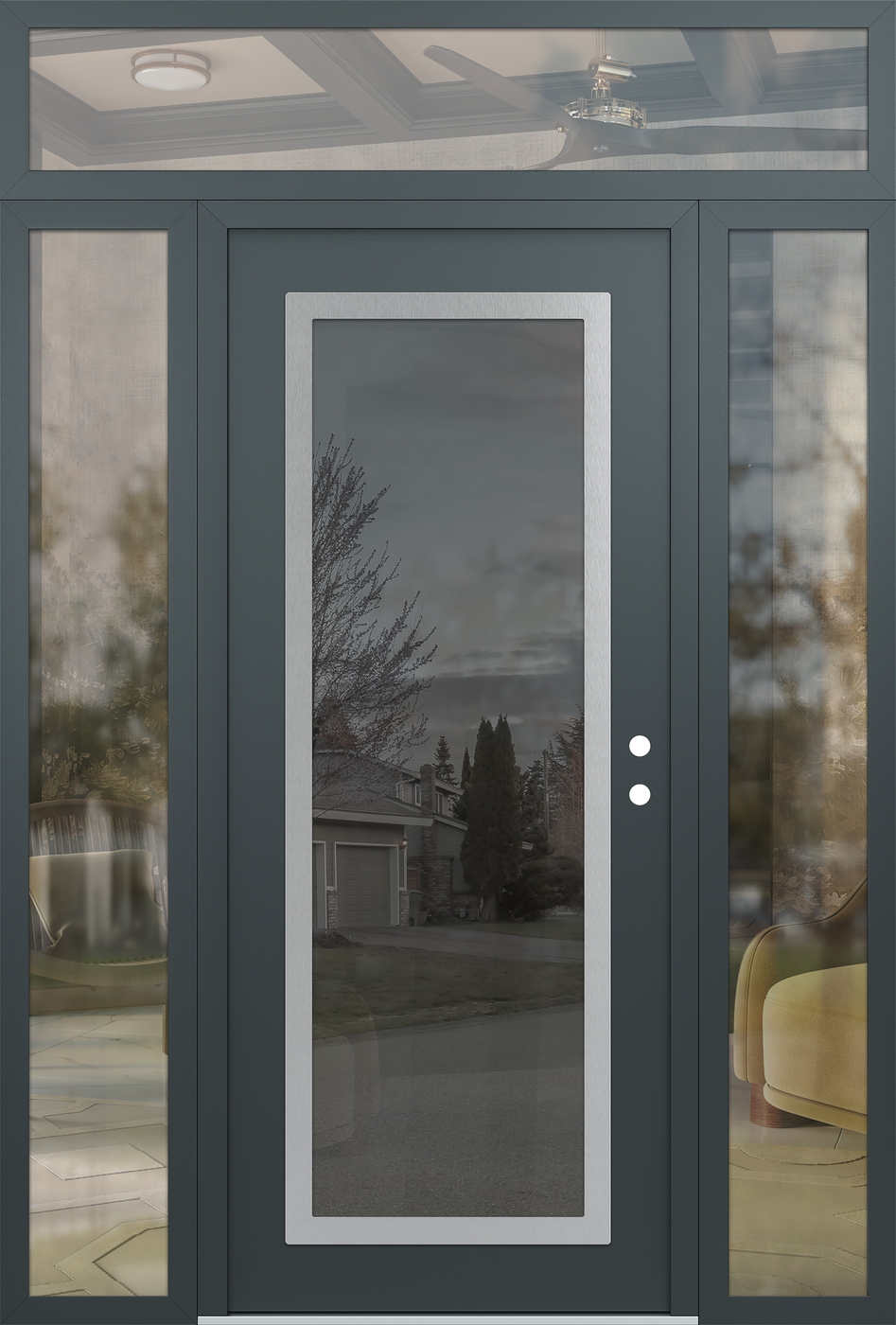 Modern Steel Front Door Diamond C1 64" x 96" anthracite/anthracite mirrored Glass Panel stainless steel LHI with 2 Sidelites and Transom clear Glass