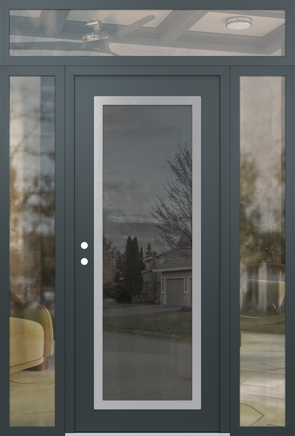 Modern Steel Front Door Diamond C1 64" x 96" anthracite/anthracite mirrored Glass Panel stainless steel RHI with 2 Sidelites and Transom clear Glass
