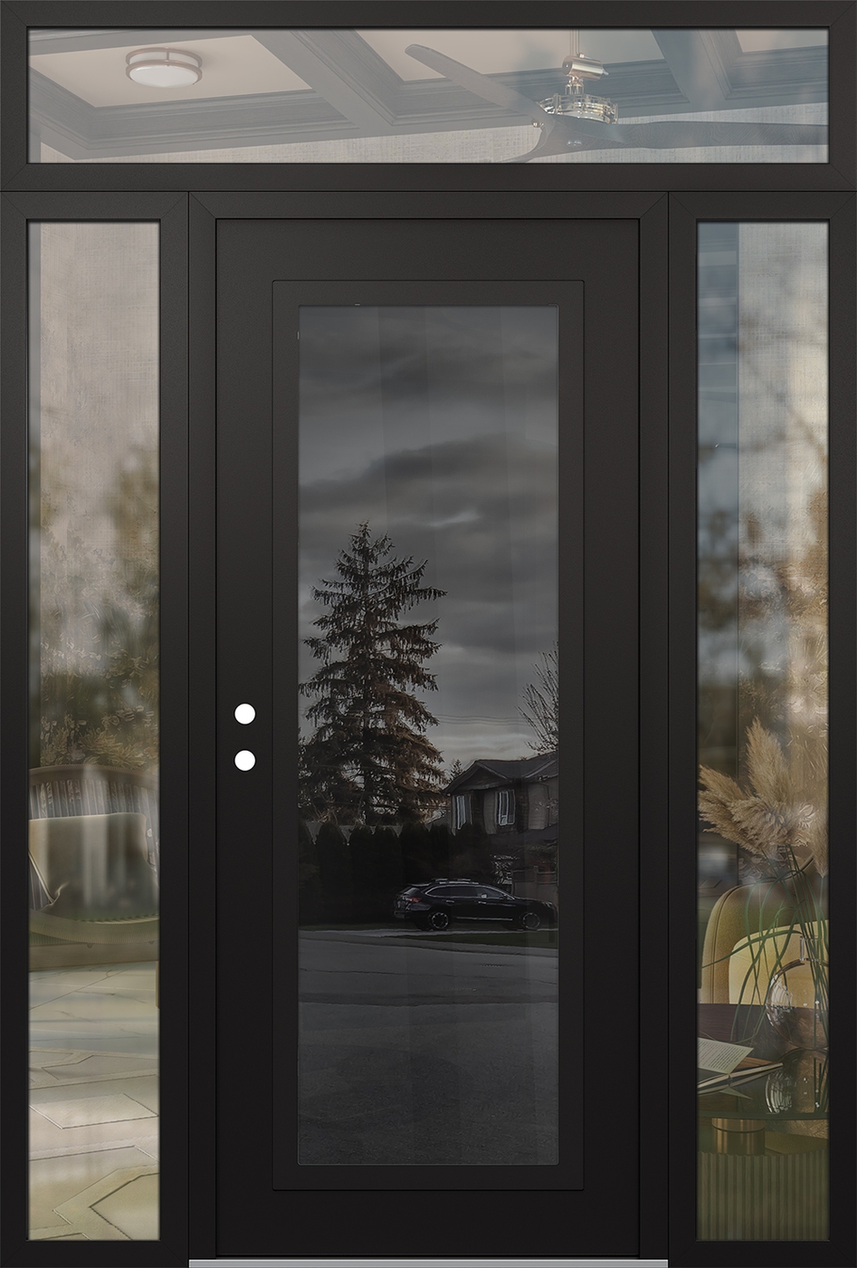 Modern Steel Front Door Diamond C1 64" x 96" black/black mirrored Glass Panel black RHI with 2 Sidelites and Transom clear Glass