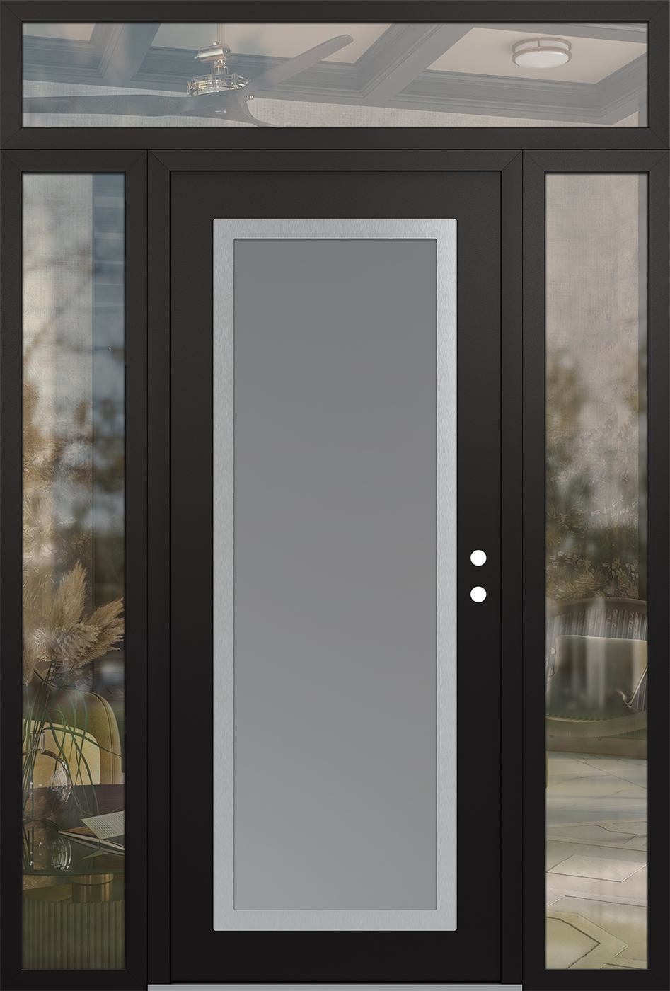 Modern Steel Front Door Diamond C1 64" x 96" black/white frosted Glass Panel stainless steel LHI with 2 Sidelites and Transom clear Glass