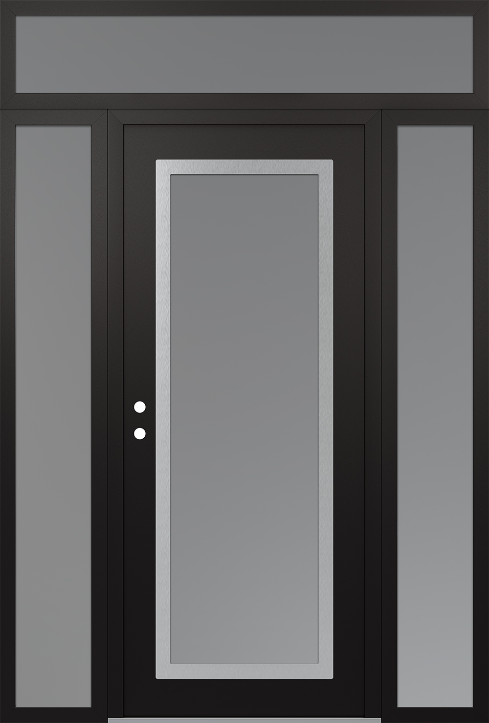 Modern Steel Front Door Diamond C1 64" x 96" black/white frosted Glass Panel stainless steel RHI with 2 Sidelites and Transom frosted Glass