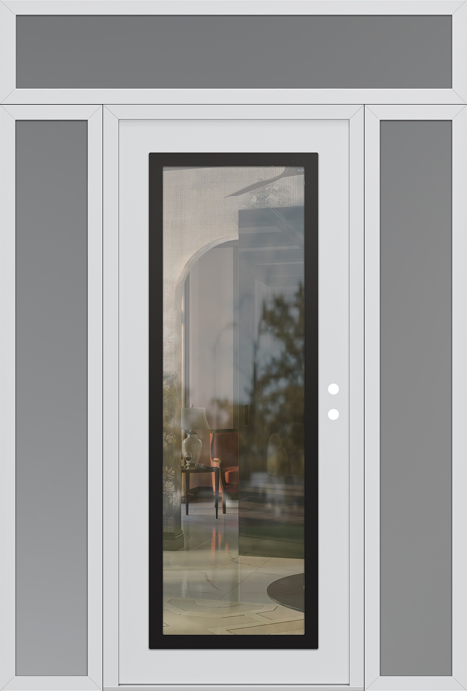 Modern Steel Front Door Diamond C1 64" x 96" white/white clear Glass Panel black LHI with 2 Sidelites and Transom frosted Glass