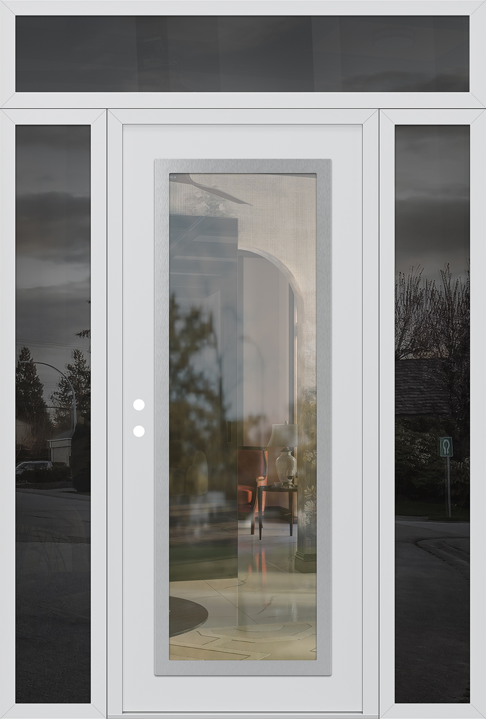 Modern Steel Front Door Diamond C1 64" x 96" white/white clear Glass Panel stainless steel RHI with 2 Sidelites and Transom mirrored Glass