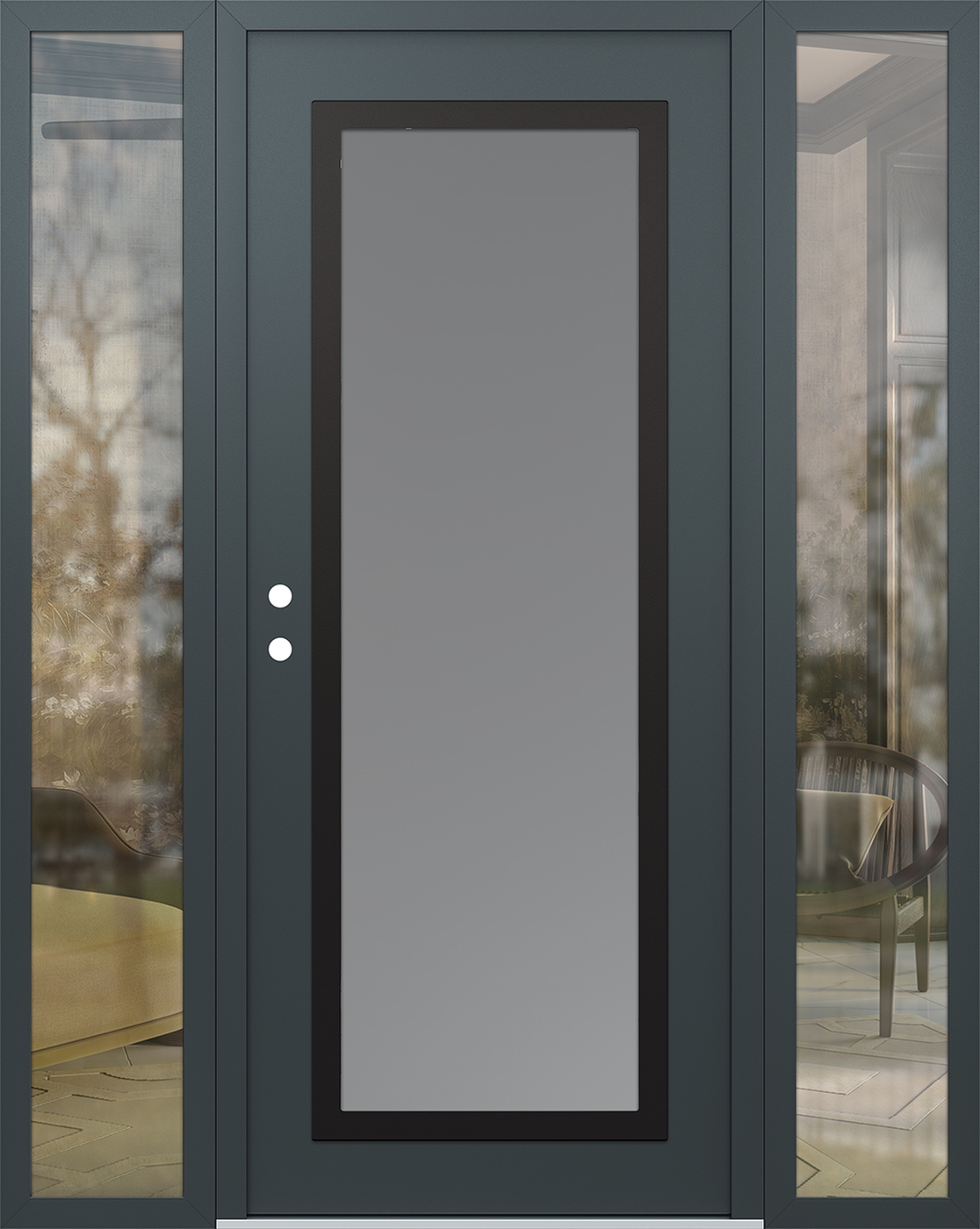 Modern Steel Front Door Diamond C1 68" x 80" anthracite/anthracite frosted Glass Panel black RHI with 2 Sidelites clear Glass