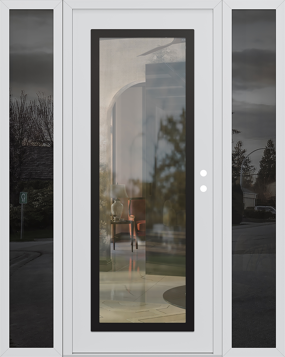 Modern Steel Front Door Diamond C1 68" x 80" white/white clear Glass Panel black LHI with 2 Sidelites mirrored Glass