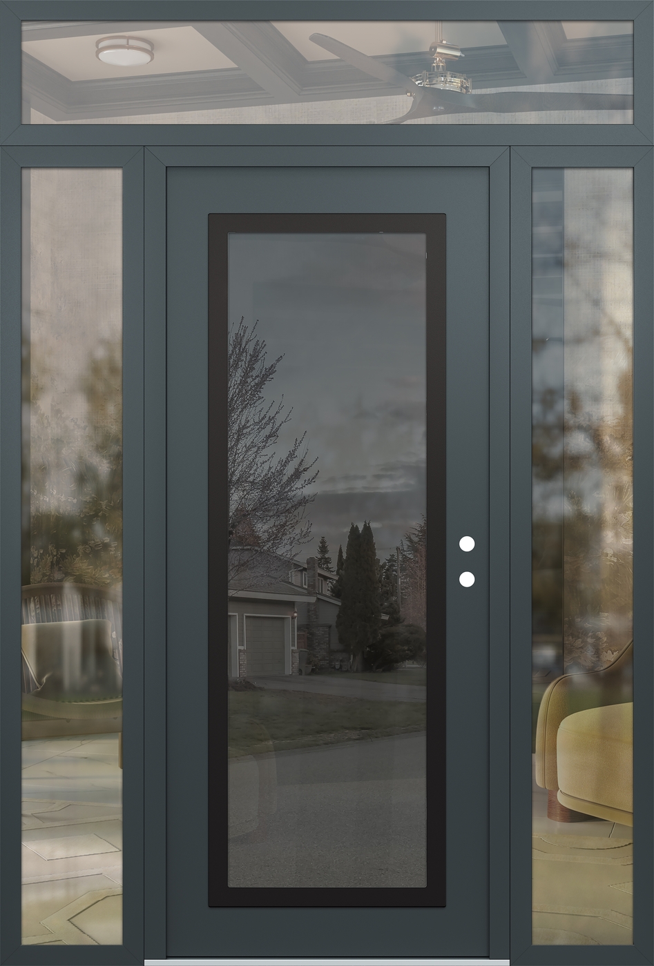 Modern Steel Front Door Diamond C1 68" x 96" anthracite/anthracite mirrored Glass Panel black LHI with 2 Sidelites and Transom clear Glass
