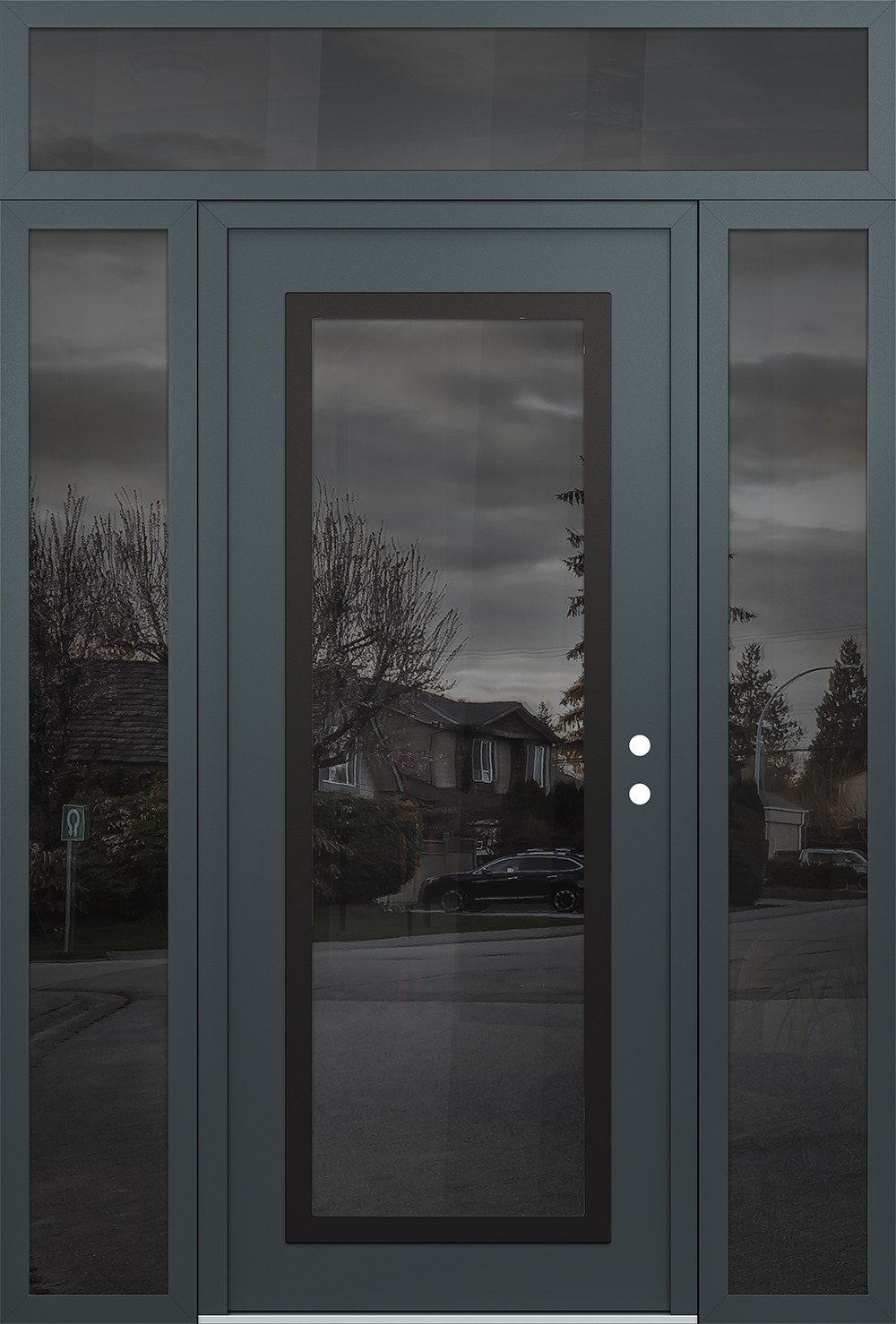 Modern Steel Front Door Diamond C1 68" x 96" anthracite/anthracite mirrored Glass Panel black LHI with 2 Sidelites and Transom mirrored Glass