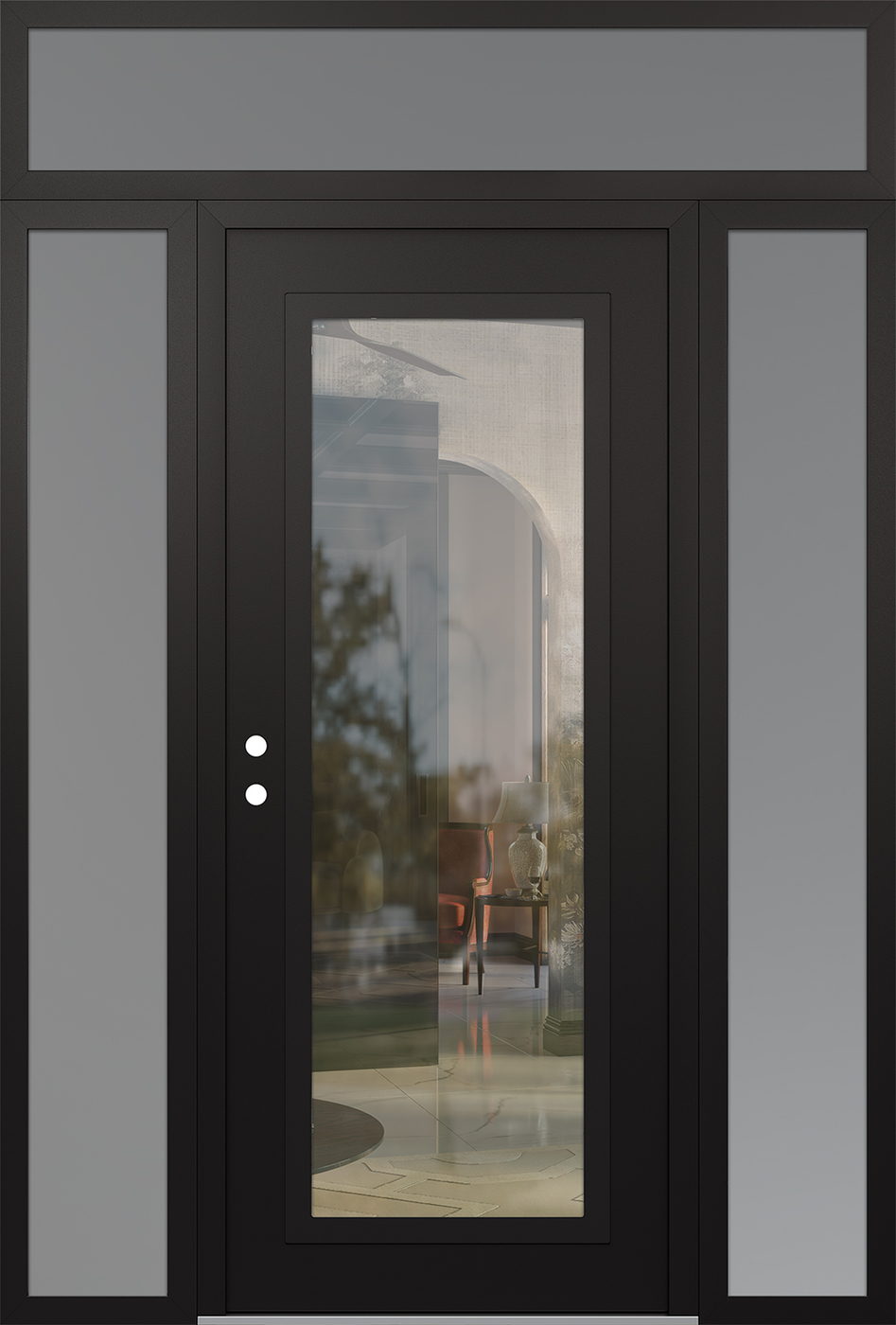 Modern Steel Front Door Diamond C1 68" x 96" black/black clear Glass Panel black RHI with 2 Sidelites and Transom frosted Glass