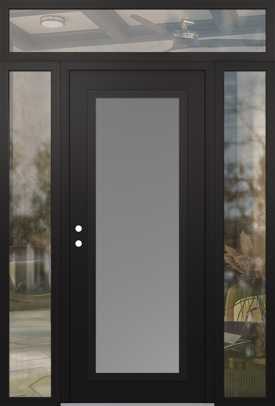 Modern Steel Front Door Diamond C1 68" x 96" black/white frosted Glass Panel black RHI with 2 Sidelites and Transom clear Glass