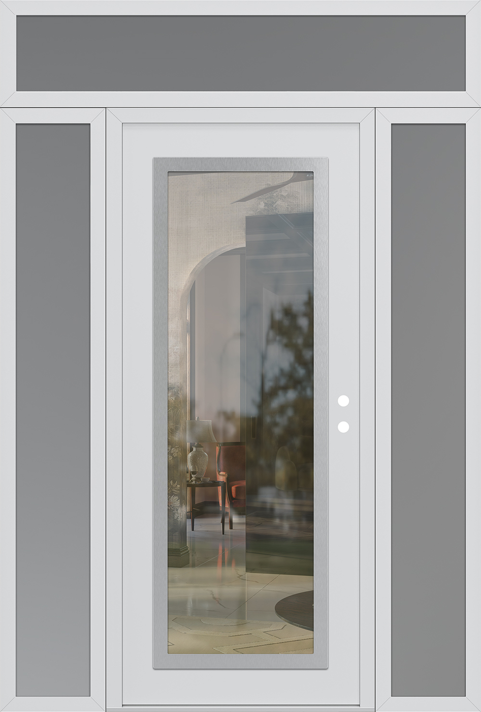 Modern Steel Front Door Diamond C1 68" x 96" white/white clear Glass Panel stainless steel LHI with 2 Sidelites and Transom frosted Glass