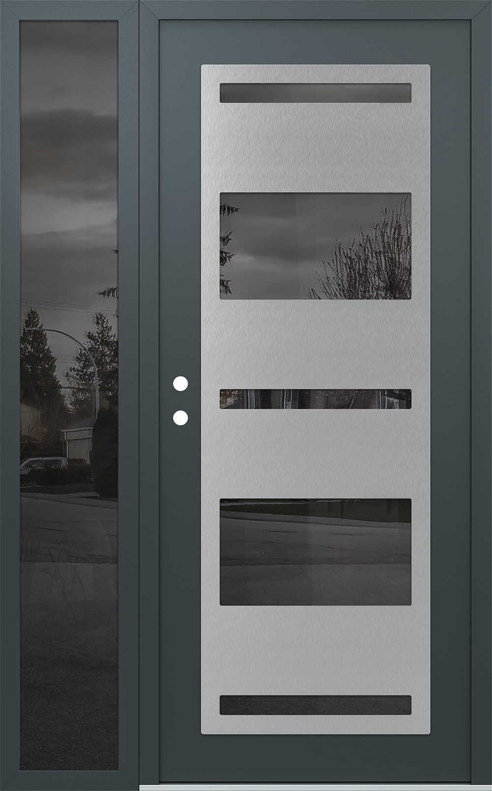Modern Steel Front Door Diamond C10 48" x 80" anthracite/anthracite mirrored Glass Panel stainless steel RHI with Sidelite mirrored Glass