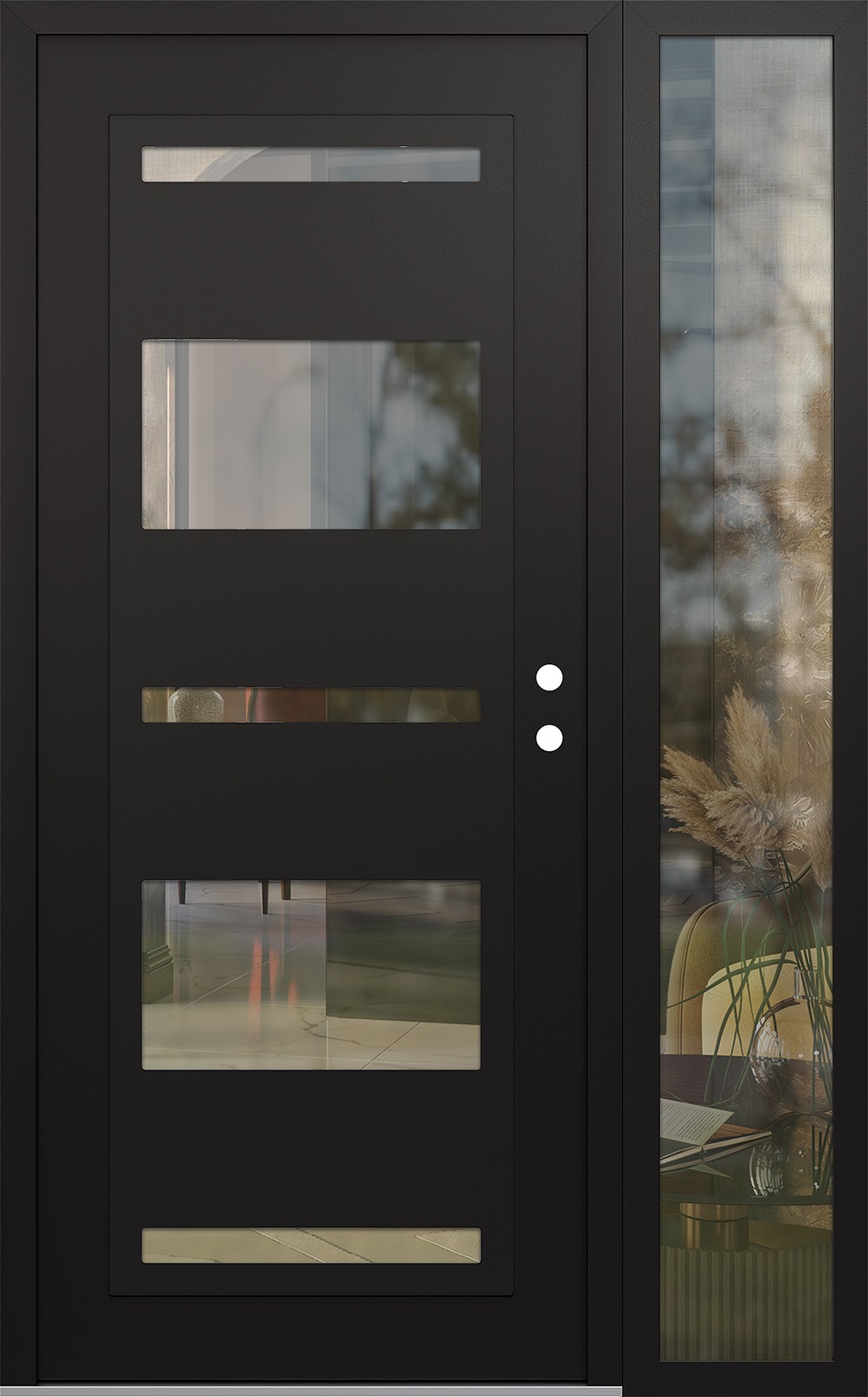 Modern Steel Front Door Diamond C10 48" x 80" black/black clear Glass Panel black LHI with Sidelite clear Glass
