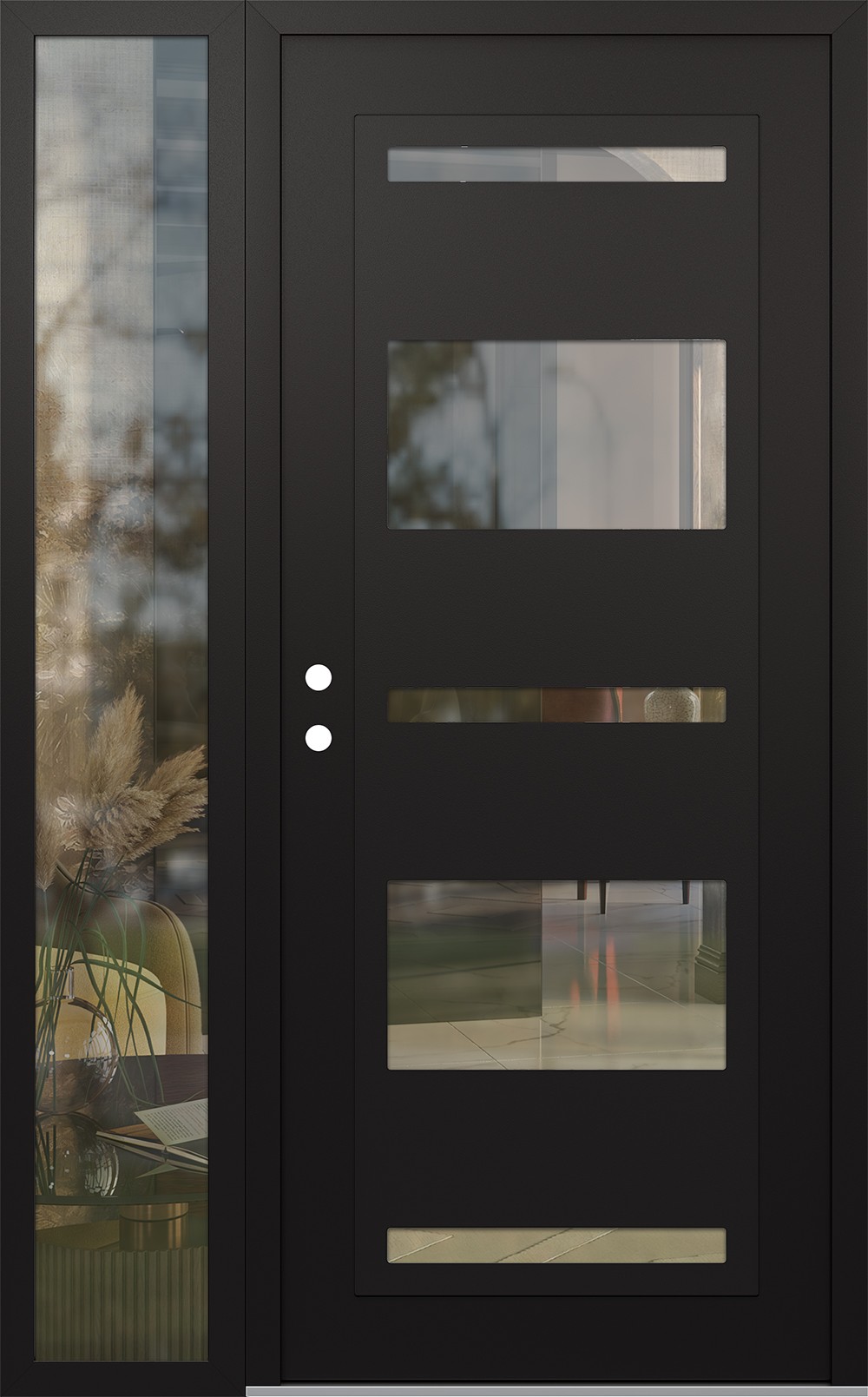 Modern Steel Front Door Diamond C10 48" x 80" black/black clear Glass Panel black RHI with Sidelite clear Glass
