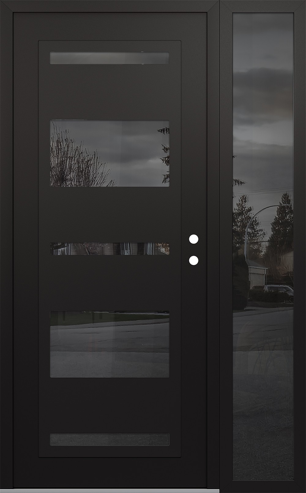 Modern Steel Front Door Diamond C10 48" x 80" black/black mirrored Glass Panel black LHI with Sidelite mirrored Glass