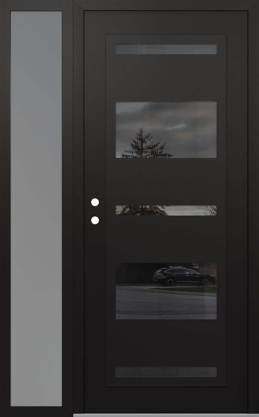 Modern Steel Front Door Diamond C10 48" x 80" black/black mirrored Glass Panel black RHI with Sidelite frosted Glass