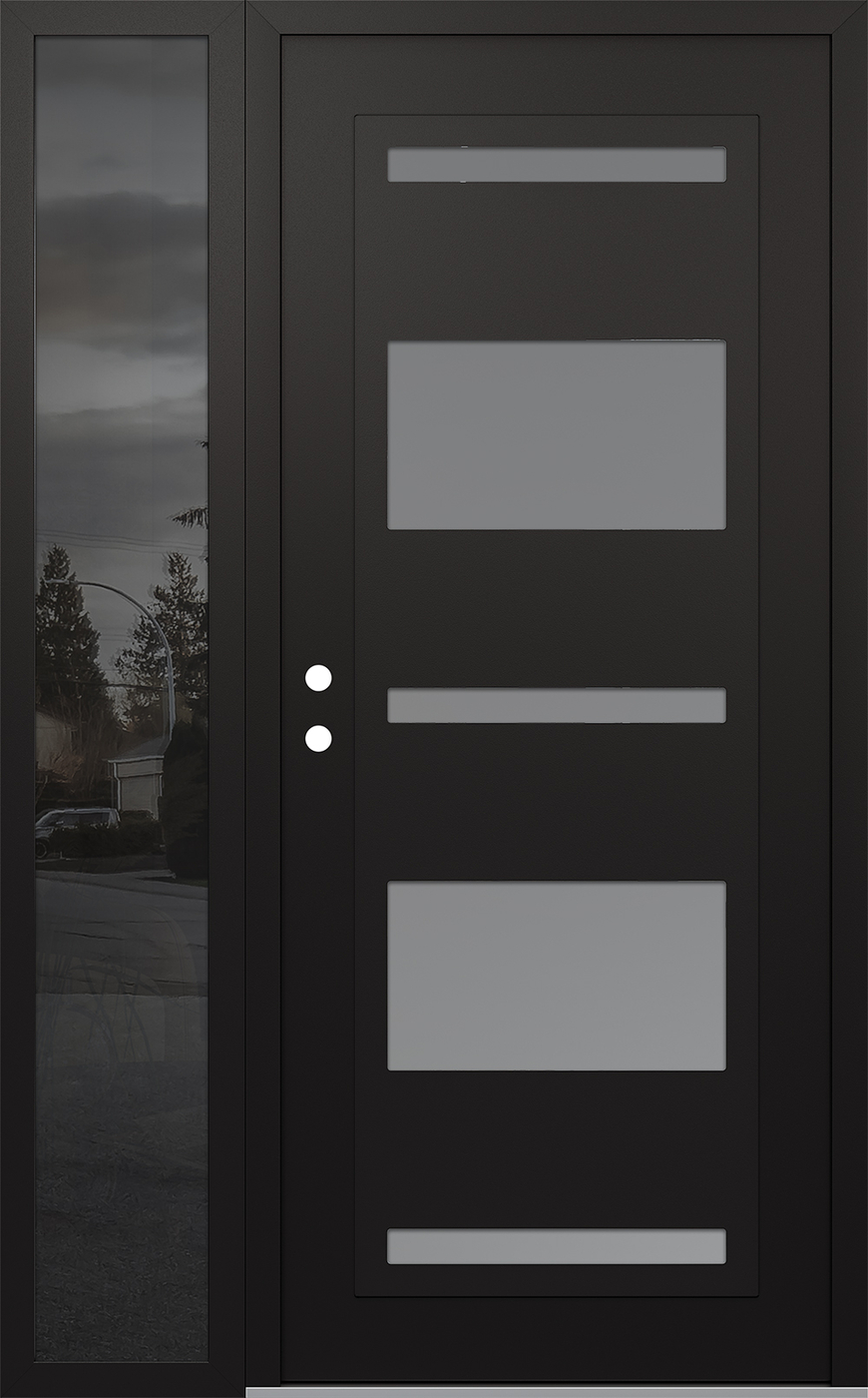 Modern Steel Front Door Diamond C10 48" x 80" black/white frosted Glass Panel black RHI with Sidelite mirrored Glass