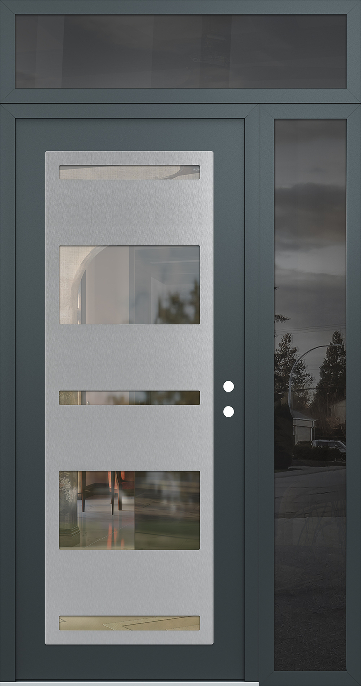 Modern Steel Front Door Diamond C10 48" x 96" anthracite/anthracite clear Glass Panel stainless steel LHI with Sidelite and Transom mirrored Glass