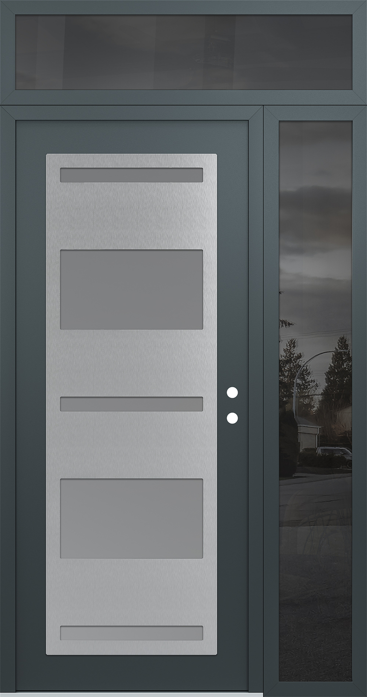 Modern Steel Front Door Diamond C10 48" x 96" anthracite/anthracite frosted Glass Panel stainless steel LHI with Sidelite and Transom mirrored Glass