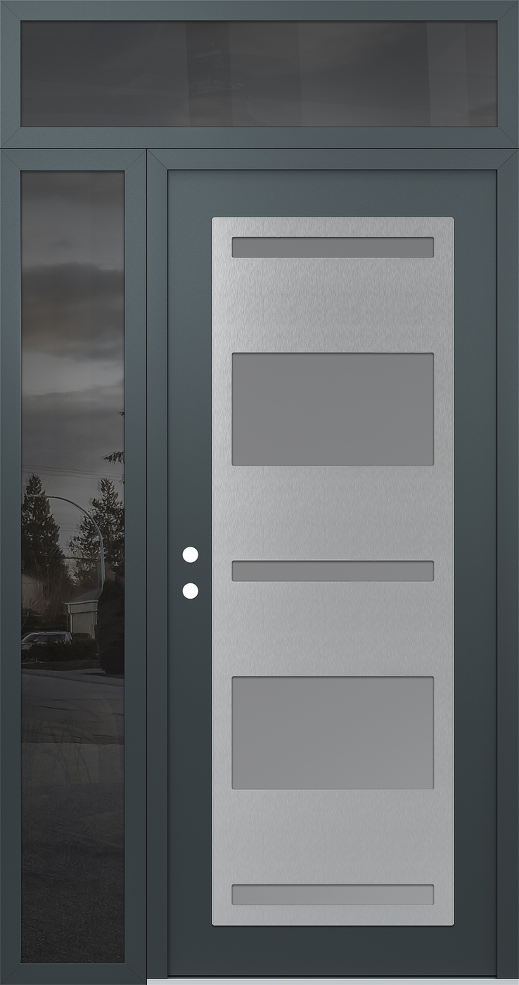 Modern Steel Front Door Diamond C10 48" x 96" anthracite/anthracite frosted Glass Panel stainless steel RHI with Sidelite and Transom mirrored Glass