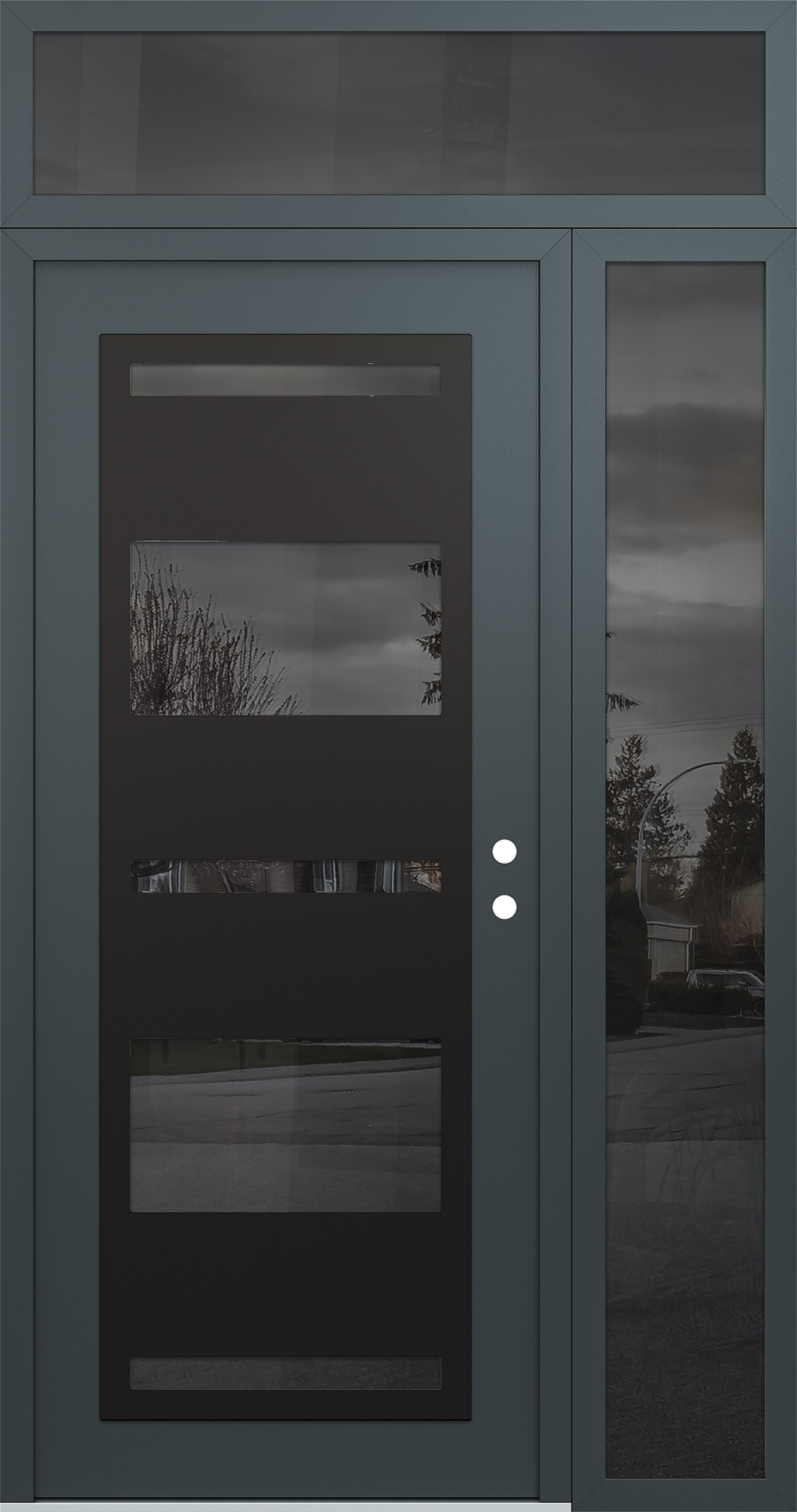 Modern Steel Front Door Diamond C10 48" x 96" anthracite/anthracite mirrored Glass Panel black LHI with Sidelite and Transom mirrored Glass