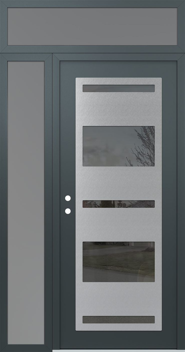 Modern Steel Front Door Diamond C10 48" x 96" anthracite/anthracite mirrored Glass Panel stainless steel RHI with Sidelite and Transom frosted Glass