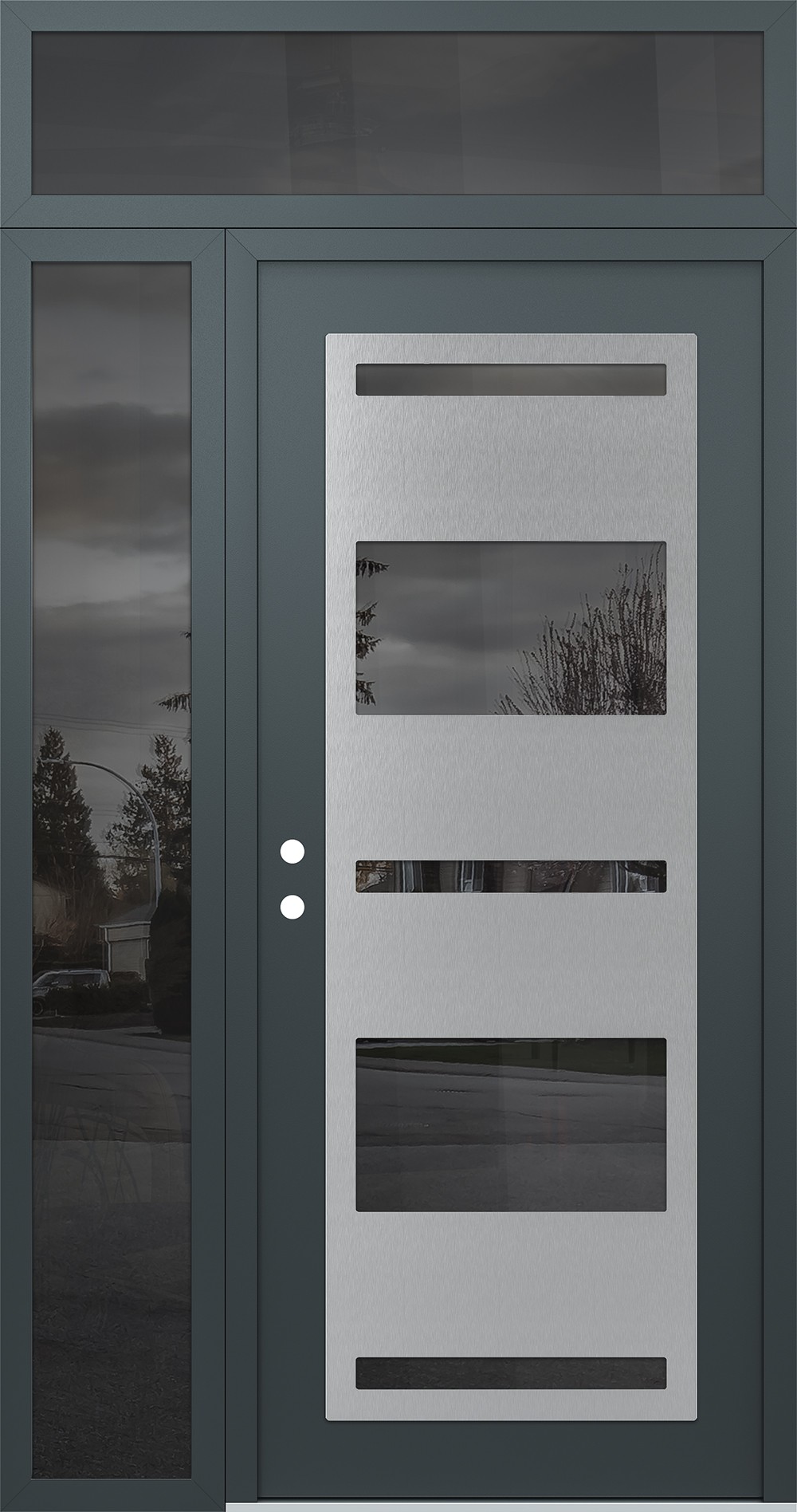 Modern Steel Front Door Diamond C10 48" x 96" anthracite/anthracite mirrored Glass Panel stainless steel RHI with Sidelite and Transom mirrored Glass