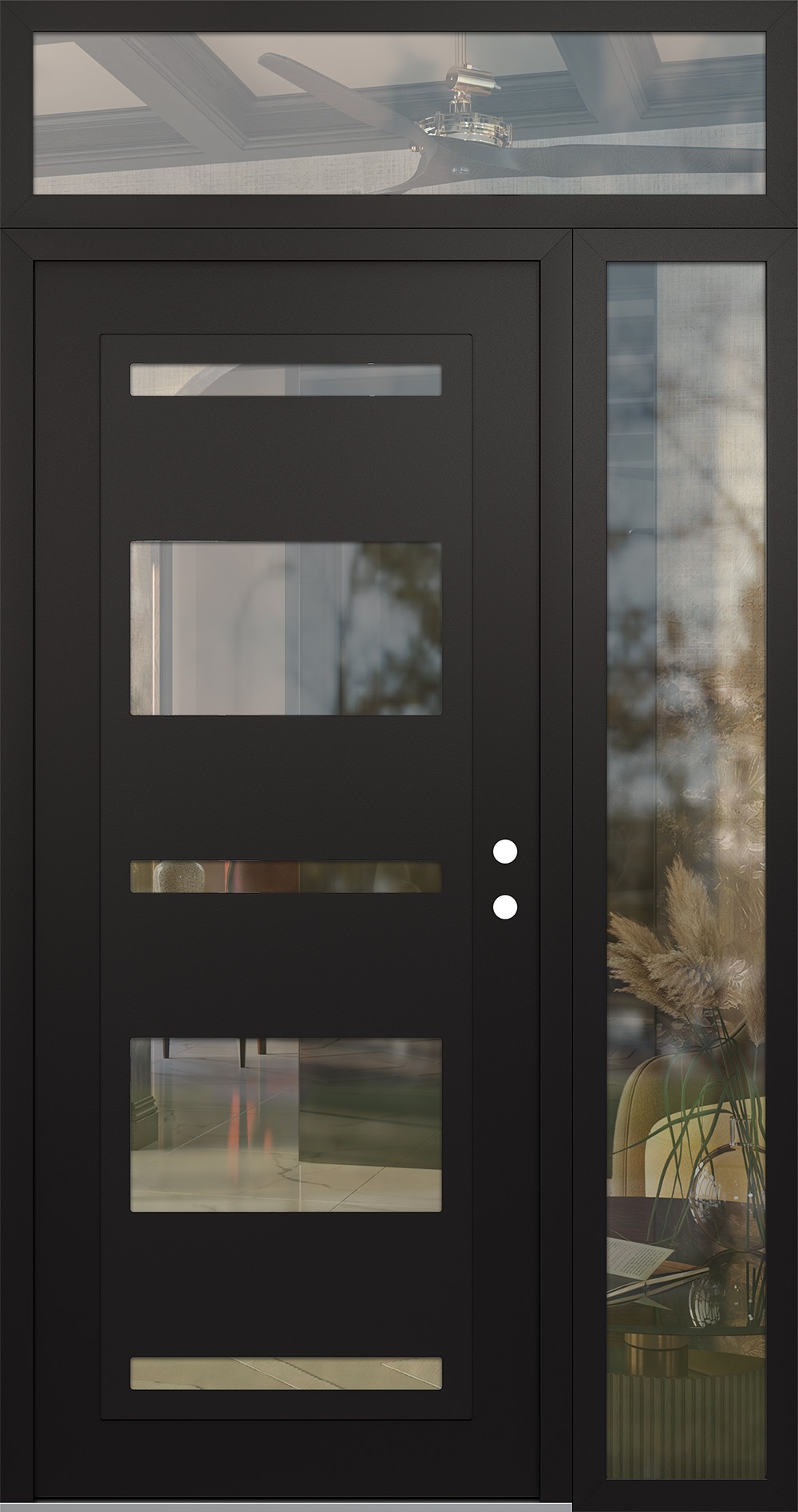 Modern Steel Front Door Diamond C10 48" x 96" black/black clear Glass Panel black LHI with Sidelite and Transom clear Glass