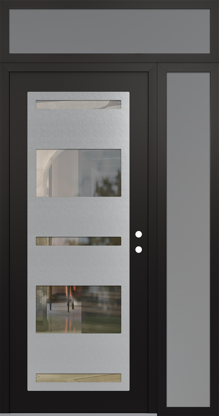 Modern Steel Front Door Diamond C10 48" x 96" black/black clear Glass Panel stainless steel LHI with Sidelite and Transom frosted Glass