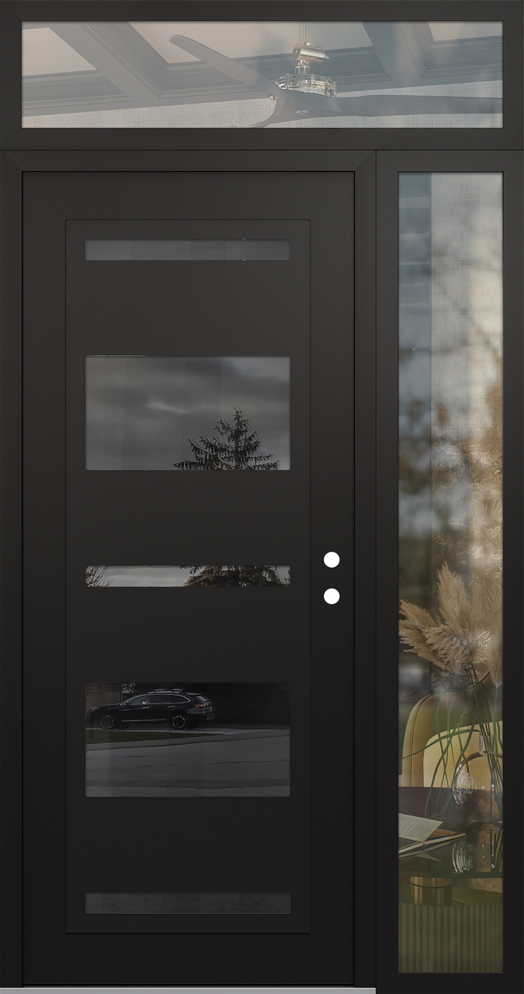 Modern Steel Front Door Diamond C10 48" x 96" black/black mirrored Glass Panel black LHI with Sidelite and Transom clear Glass
