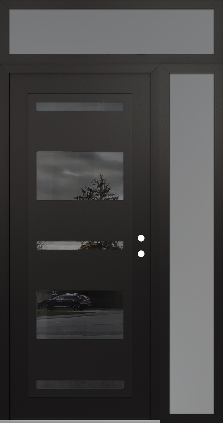 Modern Steel Front Door Diamond C10 48" x 96" black/black mirrored Glass Panel black LHI with Sidelite and Transom frosted Glass