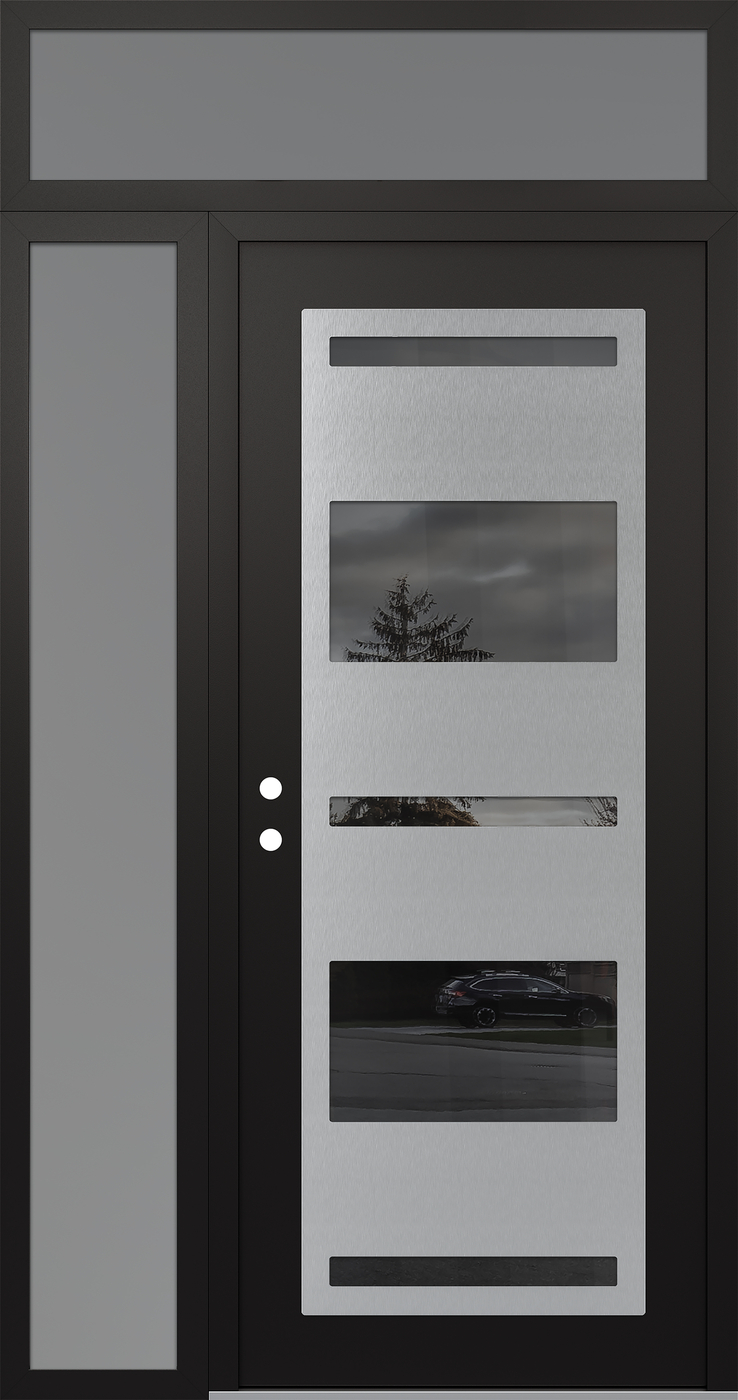 Modern Steel Front Door Diamond C10 48" x 96" black/black mirrored Glass Panel stainless steel RHI with Sidelite and Transom frosted Glass