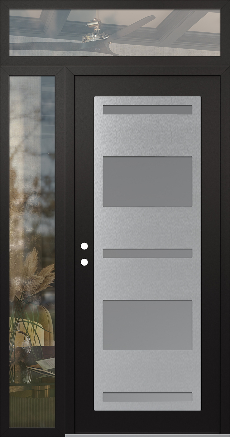 Modern Steel Front Door Diamond C10 48" x 96" black/white frosted Glass Panel stainless steel RHI with Sidelite and Transom clear Glass