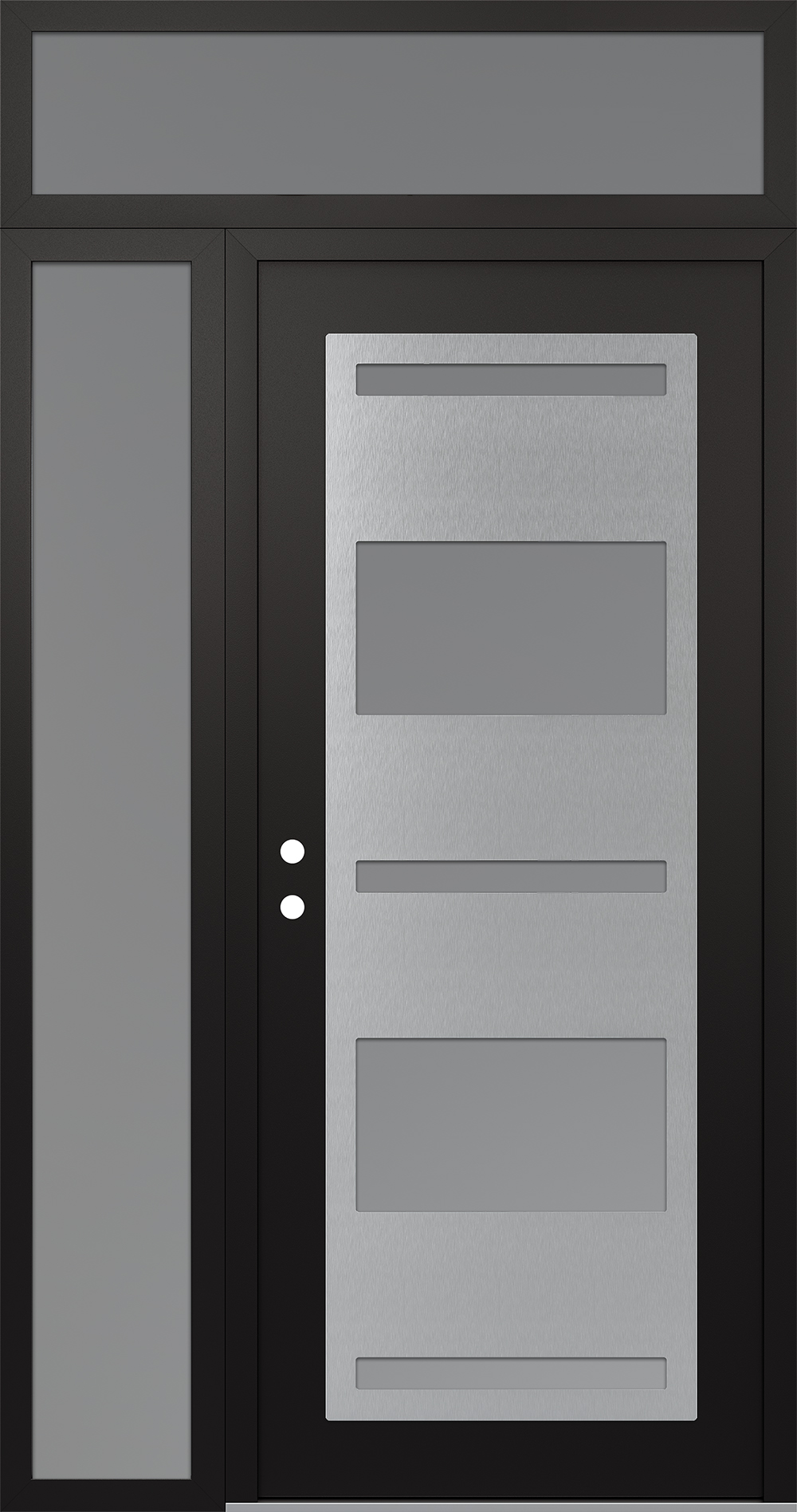 Modern Steel Front Door Diamond C10 48" x 96" black/white frosted Glass Panel stainless steel RHI with Sidelite and Transom frosted Glass