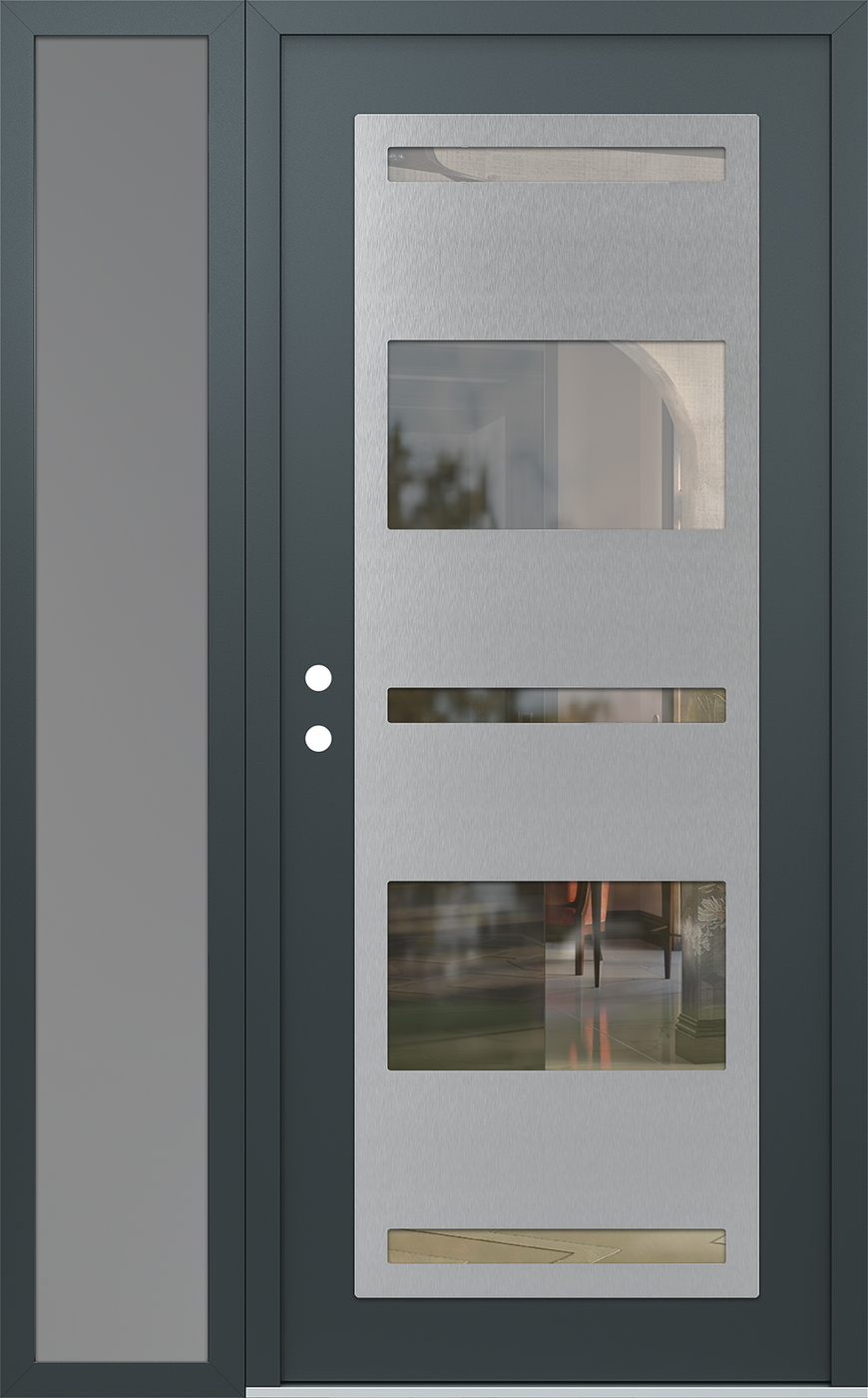 Modern Steel Front Door Diamond C10 50" x 80" anthracite/anthracite clear Glass Panel stainless steel RHI with Sidelite frosted Glass
