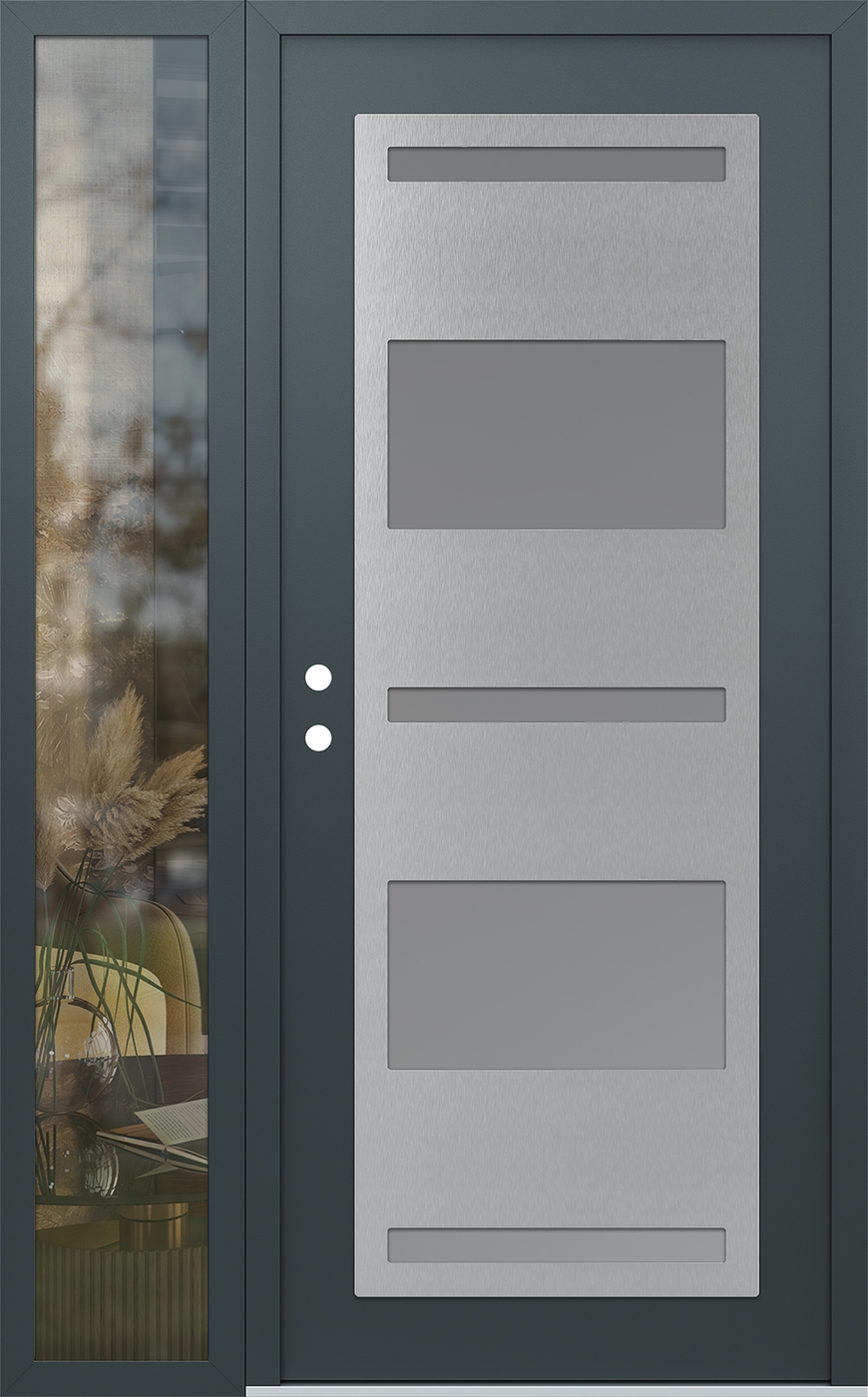Modern Steel Front Door Diamond C10 50" x 80" anthracite/anthracite frosted Glass Panel stainless steel RHI with Sidelite clear Glass