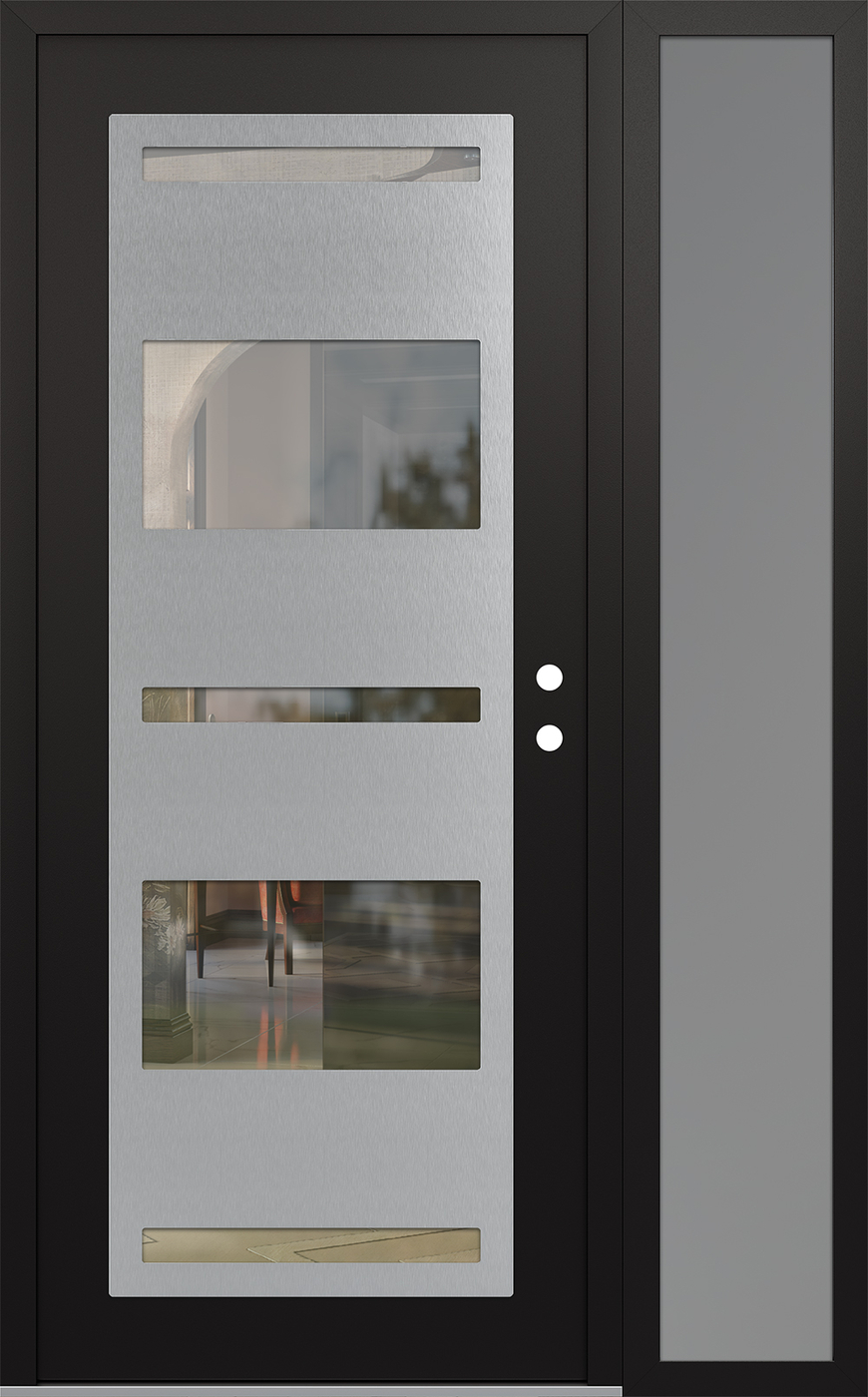 Modern Steel Front Door Diamond C10 50" x 80" black/black clear Glass Panel stainless steel LHI with Sidelite frosted Glass