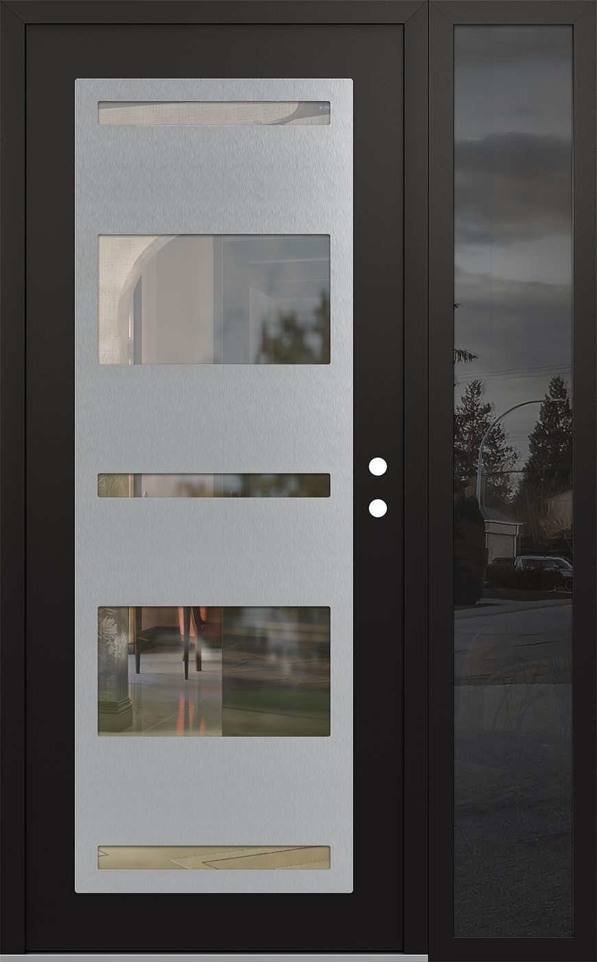 Modern Steel Front Door Diamond C10 50" x 80" black/black clear Glass Panel stainless steel LHI with Sidelite mirrored Glass