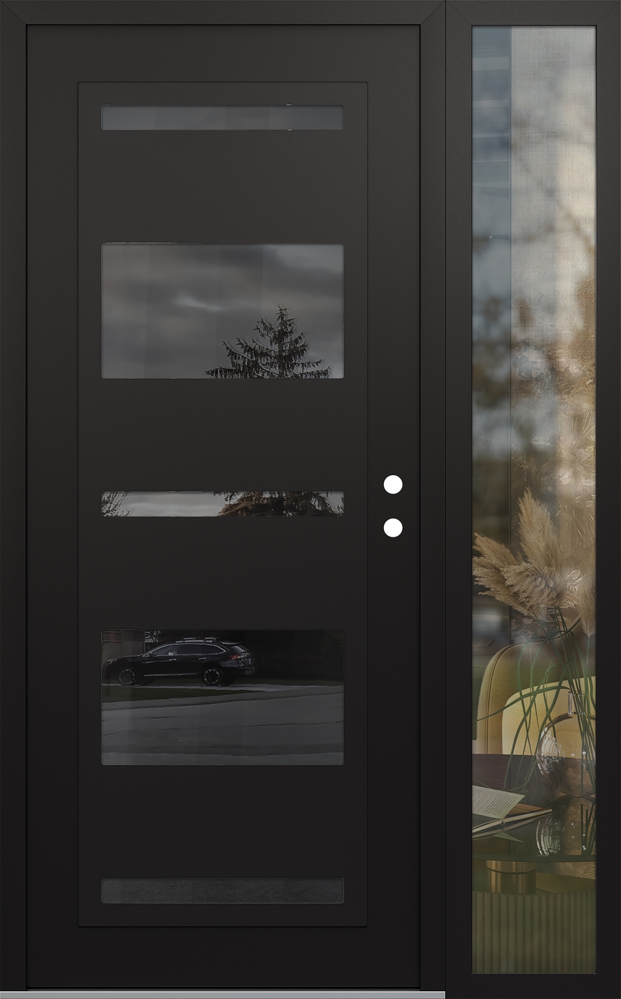 Modern Steel Front Door Diamond C10 50" x 80" black/black mirrored Glass Panel black LHI with Sidelite clear Glass