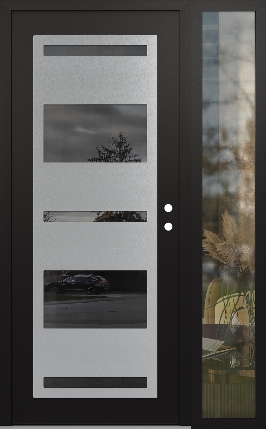 Modern Steel Front Door Diamond C10 50" x 80" black/black mirrored Glass Panel stainless steel LHI with Sidelite clear Glass