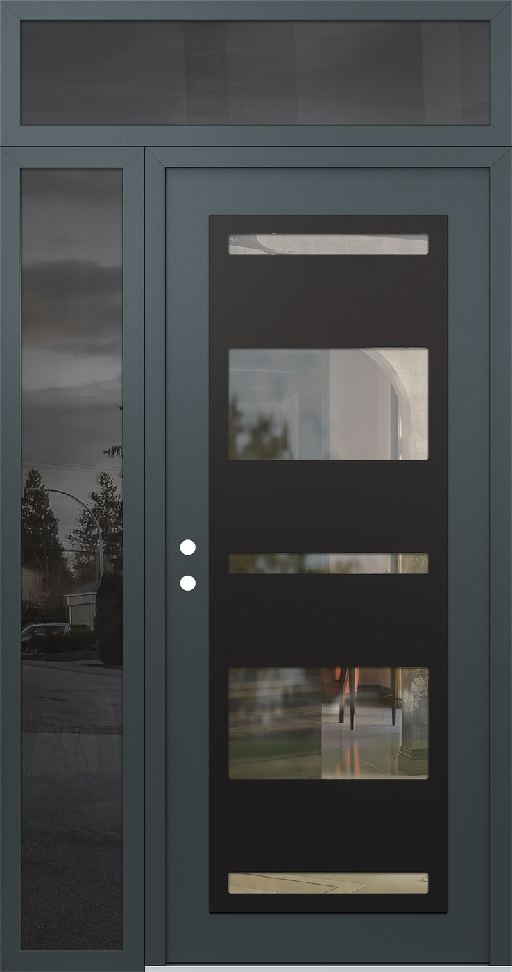 Modern Steel Front Door Diamond C10 50" x 96" anthracite/anthracite clear Glass Panel black RHI with Sidelite and Transom mirrored Glass