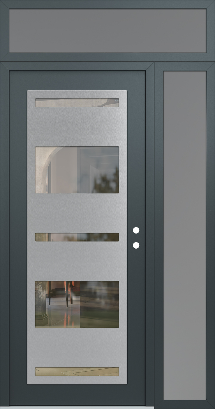 Modern Steel Front Door Diamond C10 50" x 96" anthracite/anthracite clear Glass Panel stainless steel LHI with Sidelite and Transom frosted Glass